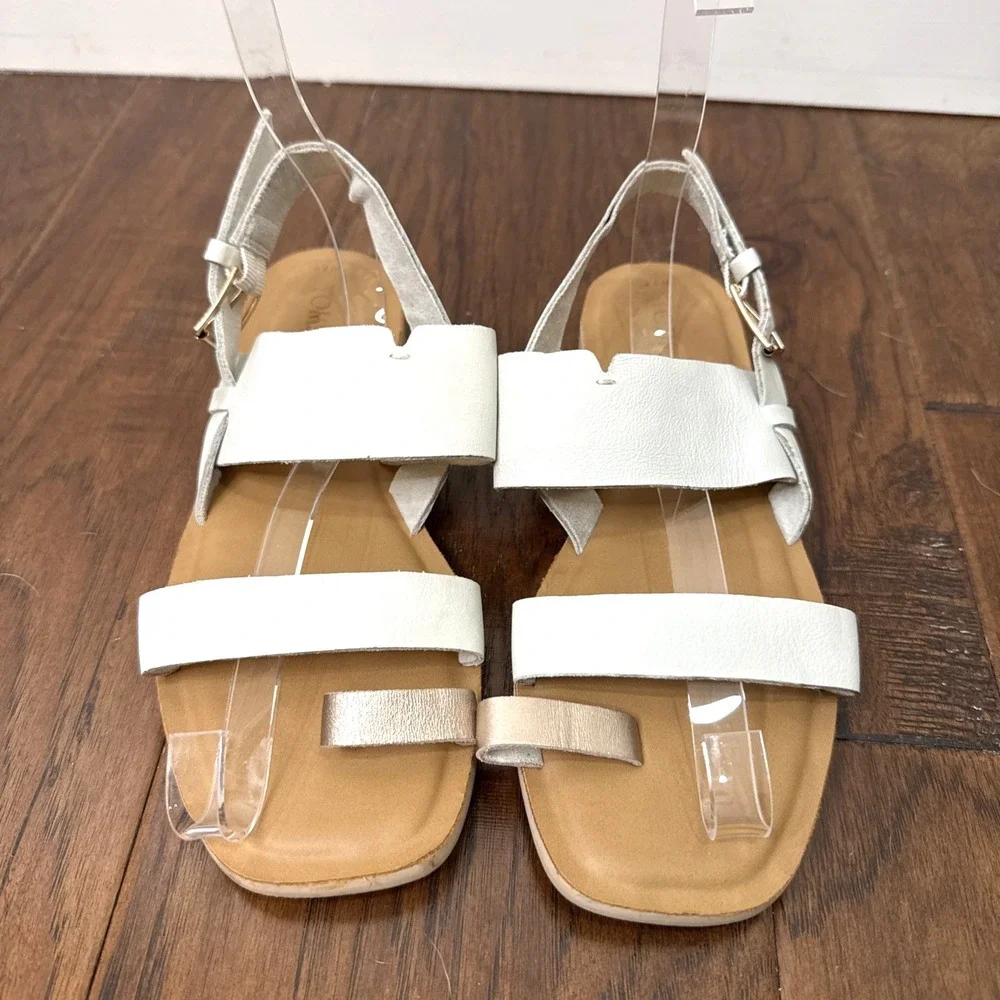 TOMS Freya Leather Toe Loop Sandal Flat Ankle Strap Buckle Neutral Women's 7.5